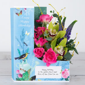 Birthday Flowers with Lime Cymbidium Orchid, Purple Veronica, Spray Rose, Birch Twig and Eucalyptus