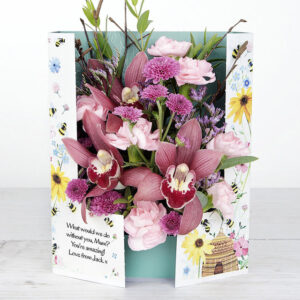Personalised Flowercard with Orchid, Spray Carnations, Chrysanthemum, Lilac Willow, Limonium and Eucalyptus Parvifolia