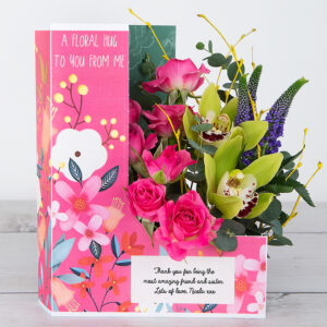 Lime Orchid, Purple Veronica and Cerise Spray rose with Birch Twig and Eucalyptus Flowercard